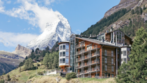 A view of the Omnia hotel with Matterhorn in Zermatt