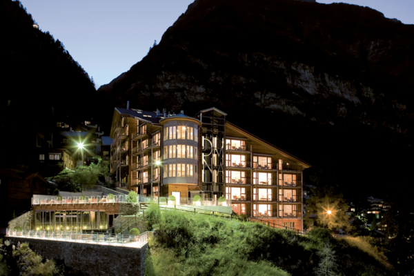 The omnia hotel in Zermatt by night